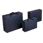 disply three dark blue custom box style paper bags with ribbon handles in different sizes