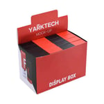 the front of one red custom recyclable cardboard counter display box full with products from the side angle