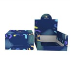 the front of two blue custom recyclable cardboard counter display boxes in the open and closed state