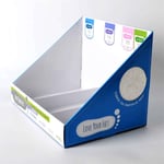 the blue and white custom printed corrugated counter display box from the left side angle