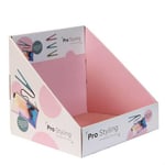 the pink and white custom printed corrugated counter display box from the right side angle