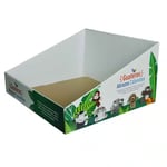 the white and green custom printed corrugated counter display box from left side angle