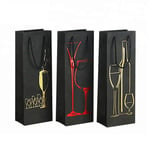 three custom printed paper wine bags stand side by side