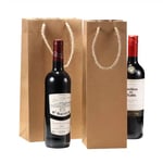 two custom paper wine bags stand side by side with two bottles of wine beside