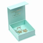 one blue flip top rigid box with a pair of earrings inside