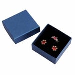 one custom navy blue jewelry box in the open state with jewelry inside