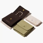 An olive green custom stand-up jewelry pouch with a button snap in front of a dark brown one with a pearl bracelet inside, next to a white rectangular block on a light background.