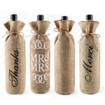 four custom jute wine bags in different appearance with four bottle of wines inside