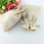 the front and back of two custom jute wedding favour bags