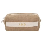 the front of the custom jute toiletry bag