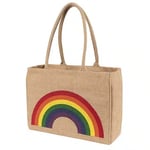 the front of the custom rainbow jute bag