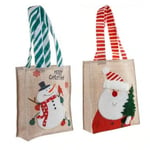 the front of two custom Christmas jute bags in different appearance from the side angle