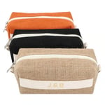 three custom jute toiletry bags in different colours