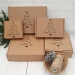 a bunch of custom kraft Christmas shipping boxes in various sizes