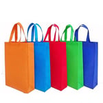 a row of custom tote non-woven reusable bags in different colours