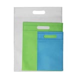 three custom d cut non woven bags in different colours and sizes