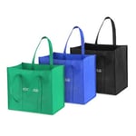 three custom non woven polypropylene reusable grocery bags in different colours