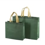 two green custom large commerce non woven tote bags in different sizes