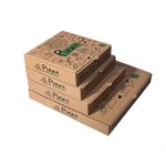 a bunch of brown custom printed pizza style folding carton boxes in different sizes