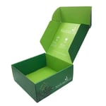 the custom green printed box in the open state from the side angle