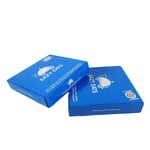 two blue custom printed pizza style folding carton boxes