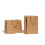 two custom Kraft paper bags with rope handle stand side by side and display the side of them