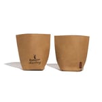 two custom paper grocery bags stand side by side and display the front and back of them