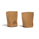 two custom paper grocery bags stand side by side and display the side of them