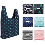 six custom foldable reusable shopping grocery bags with various appearance designs display