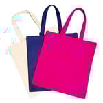 There are three blank Custom Economy Style Reusable Tote Bags, white, blue, and pink