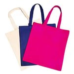 There are three blank Custom Economy Style Reusable Tote Bags, white, blue, and pink