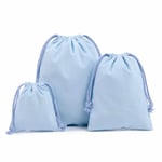 there are three blue custom drawstring reusable bags in different sizes