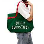 a woman carries one green custom canvas Christmas bag on her shoulder