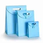 three blue custom solid color die cut paper bags with flap in different sizes