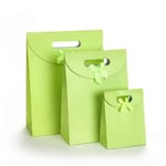 three green custom solid color die cut paper bags with flap in different sizes