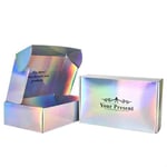 two custom holographic double-side printed mailer boxes, one of them is opened, and one is closed