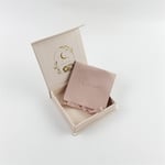 one cream colour custom flip top magnetic jewelry packaging box with a pink microfiber jewelry pouch inside