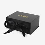 the black custom flip top gift box with ribbon closure in the close state