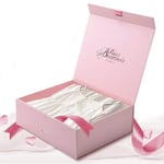 the pink custom flip top gift box with ribbon closure with a dress inside