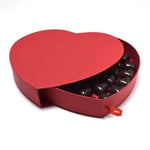 the red custom chocolate gift heart shaped rigid box in the open state from the front angle