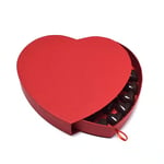 the red custom chocolate gift heart shaped rigid box in the open state from the overlook angle