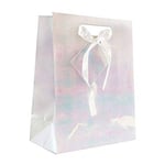 one custom holographic paper bag with die-cut handles and a ribbon bow decoration