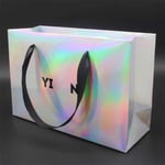 the custom holographic paper bag with ribbon handles from right side angle