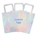 three custom holographic paper bags with flat handles