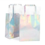 two custom holographic paper bags with flat handles