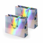 two custom holographic paper bags with rope handles in row