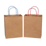 two custom kraft paper bags with twisted paper handles stand side by side