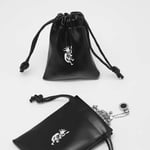 the front of two black Custom Leather Drawstring Pouches