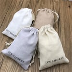 the front of four Custom Linen Drawstring Pouches in different colours