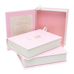 three custom luxury pink color cardboard magnetic book style boxes, one of them is opened and the others are closed